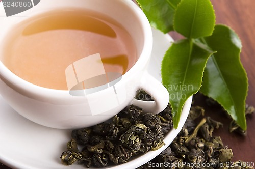 Image of cup of green tea with freh leaves