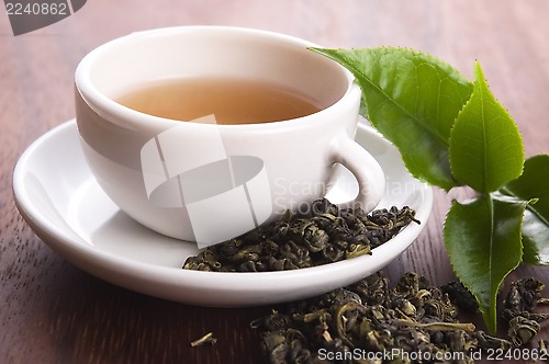 Image of cup of green tea with freh leaves