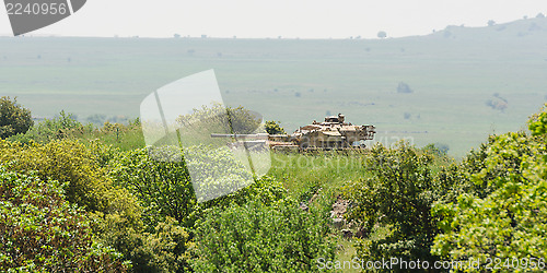 Image of Israeli tank on combat duty in the field on Golan Heights