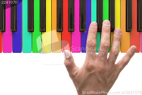 Image of Rainbow piano keyboard with hand