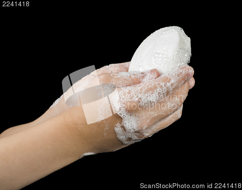 Image of Lathered hands and soap