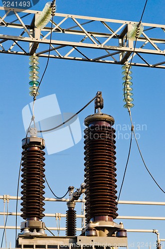 Image of High-voltage insulators on transformer substation