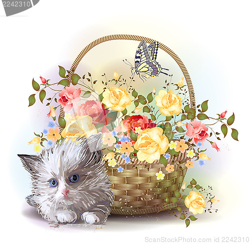 Image of Illustration of  the fluffy kitten and  basket with roses