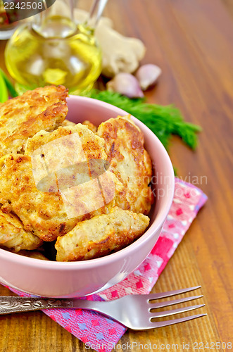 Image of Fritters chicken in a pink bowl on a napkin