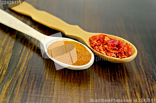 Image of Peppers red powder and flakes in wooden spoons