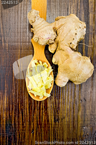 Image of Ginger fresh grated a spoon with root