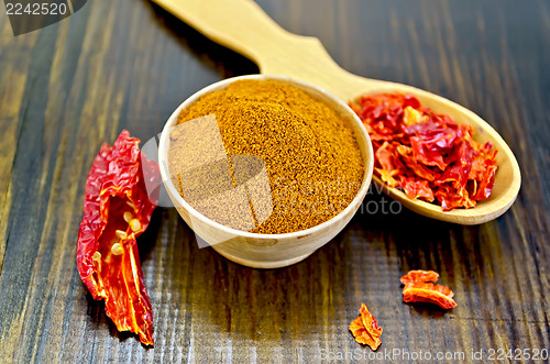 Image of Peppers red powder and flakes in wooden utensil