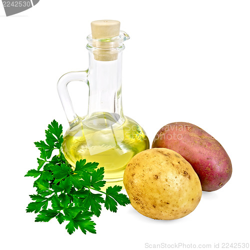 Image of Potatoes red and yellow  with a bottle of oil