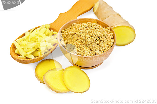 Image of Ginger powder and grated in a wooden dishes