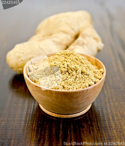 Image of Ginger powder in a bowl with the root