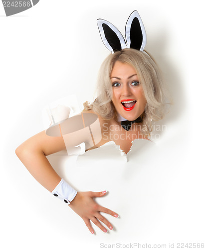 Image of Cheerful girl in bunny suit looking out of hole