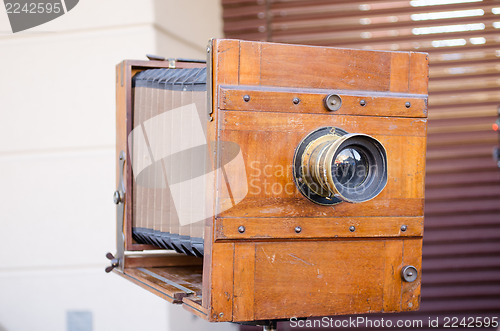 Image of vintage wooden photo camera box retro photography 