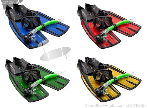 Image of Set of multicolored mask, snorkel and flippers