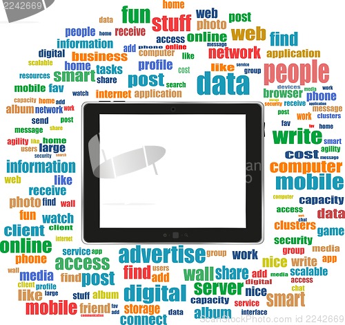 Image of tablet pc in social media words, communication in the global computer networks