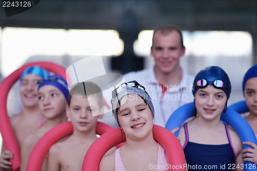 Image of happy children group  at swimming pool