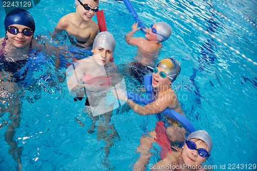 Image of happy children group  at swimming pool