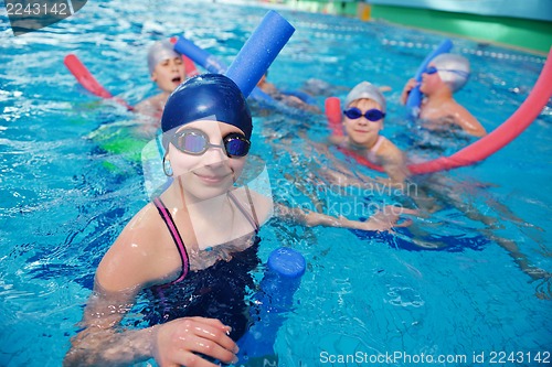 Image of happy children group  at swimming pool