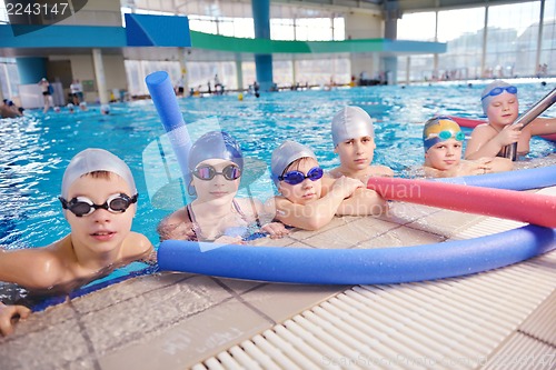 Image of happy children group  at swimming pool