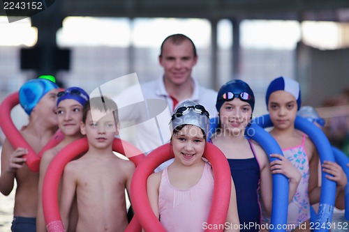 Image of happy children group  at swimming pool