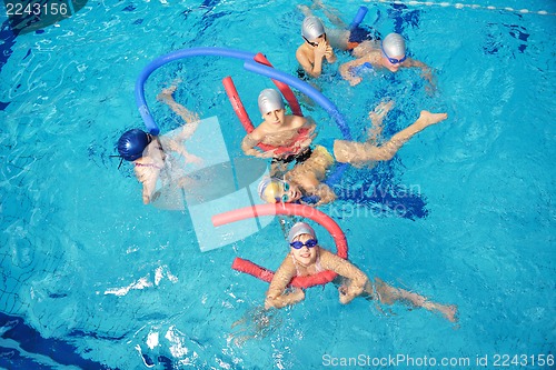 Image of happy children group  at swimming pool