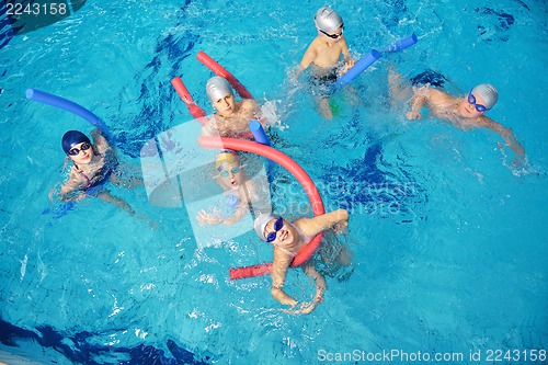 Image of happy children group  at swimming pool