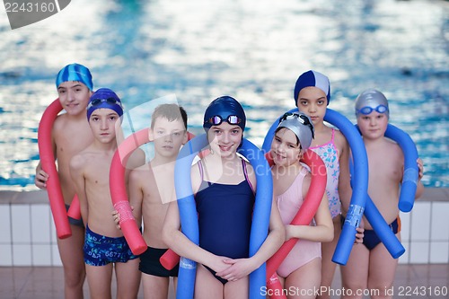 Image of happy children group  at swimming pool