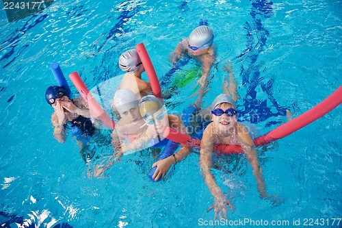 Image of happy children group  at swimming pool