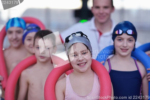 Image of happy children group  at swimming pool