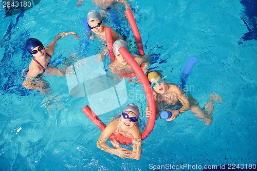 Image of happy children group  at swimming pool