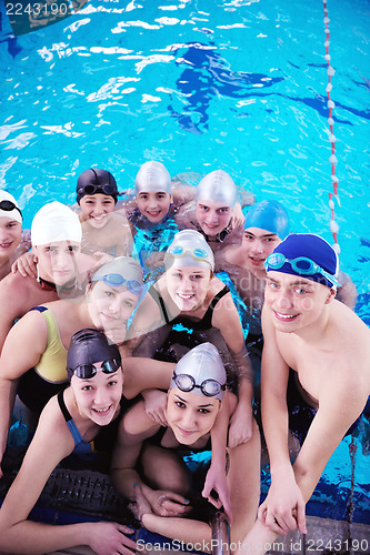 Image of happy teen group  at swimming pool