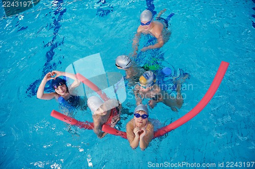 Image of happy children group  at swimming pool