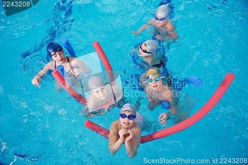 Image of happy children group  at swimming pool