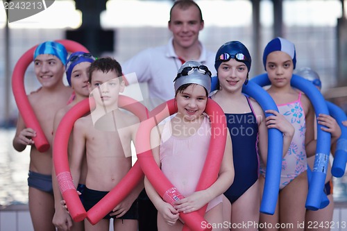 Image of happy children group  at swimming pool