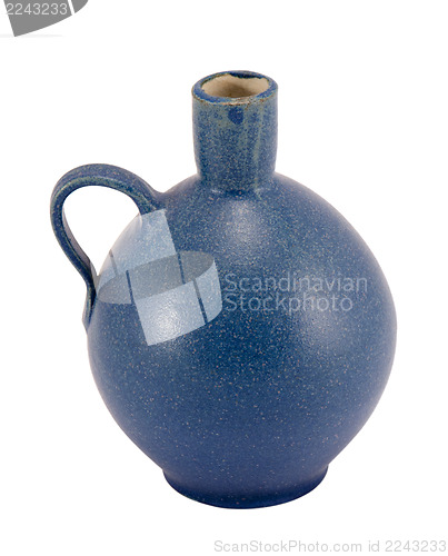 Image of blue ceramic vase round handle small hole isolated 