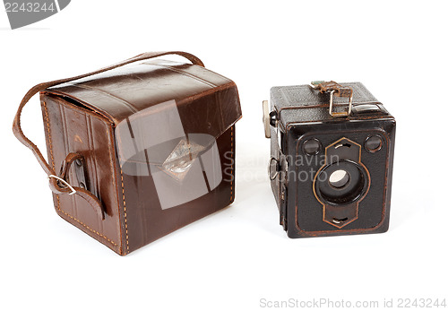 Image of very old vintage camera on white background