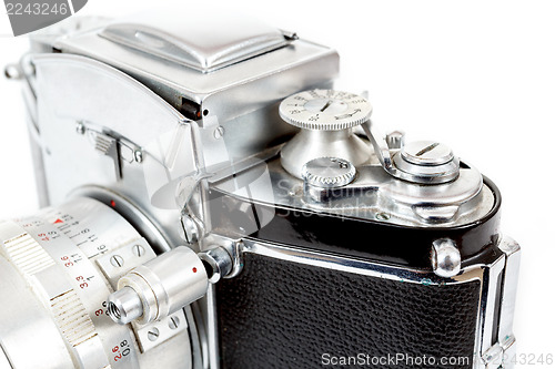 Image of retro old vintage analog photo camera on white