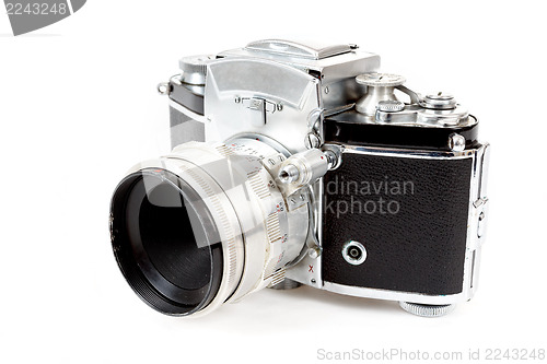 Image of retro old vintage analog photo camera on white