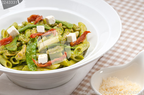 Image of Italian penne pasta with sundried tomato and basil
