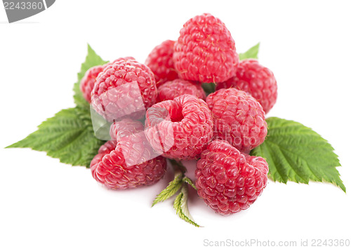 Image of Ripe raspberry with green leaf