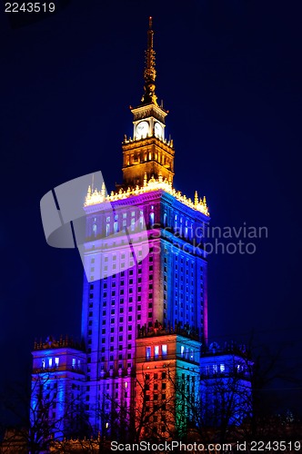 Image of Palace of Culture and Science at night. Warsaw, Poland 