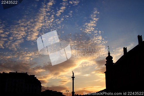 Image of column and statue of King Sigismund III Vasa at sunset, Warsaw, Poland