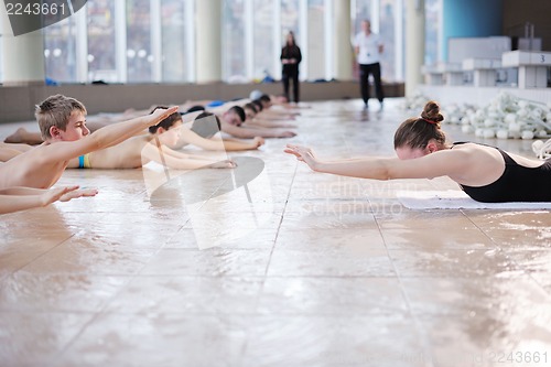 Image of happy children group  at swimming pool