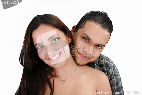 Image of Happy smiling young latin couple isolated on white background