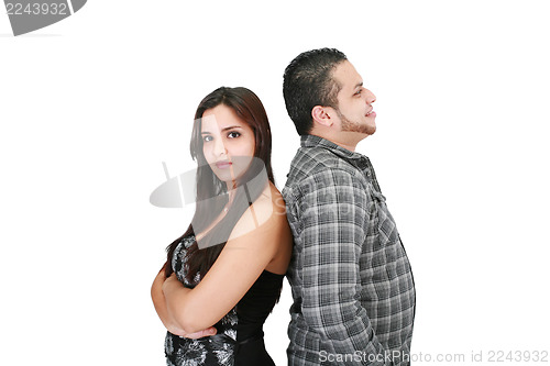 Image of Woman mad at her husband against a white a background 