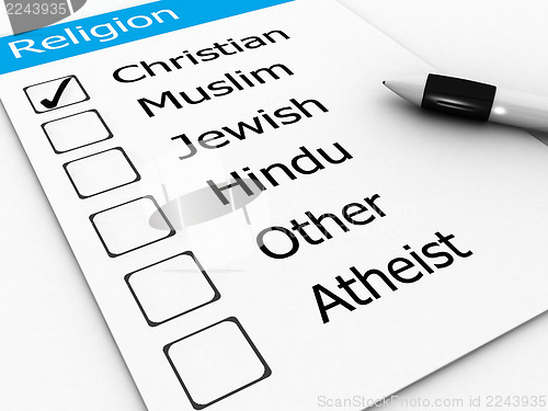 Image of major world religions - Christian, Muslim, Jewish, Hindu, Atheis