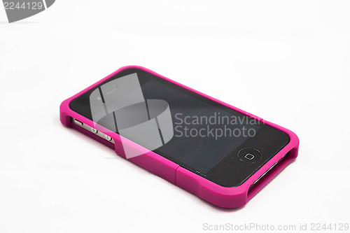 Image of Beautiful black smartphone in pink case isolated on white 