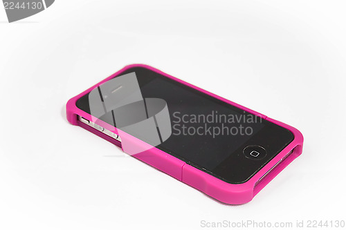 Image of Realistic smartphone in pink case isolated on white background