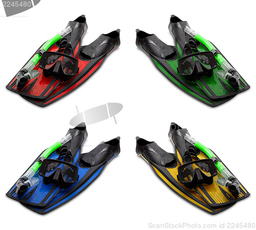 Image of Set of multicolored mask, snorkel and flippers