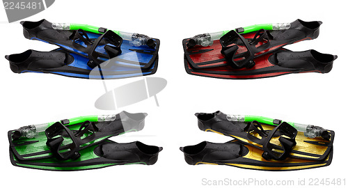 Image of Set of multicolored mask, snorkel and flippers with water drops