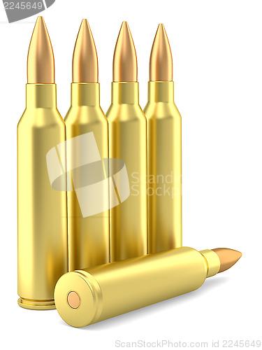 Image of Large caliber rifle ammunition cartridges on white